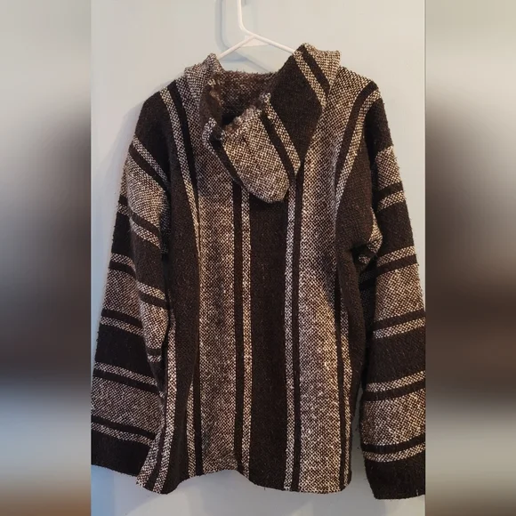 Mexican Baja Poncho Hippie Hoodie Surfer Skater Rag Large Long Sleeves Hood - Picture 4 of 8